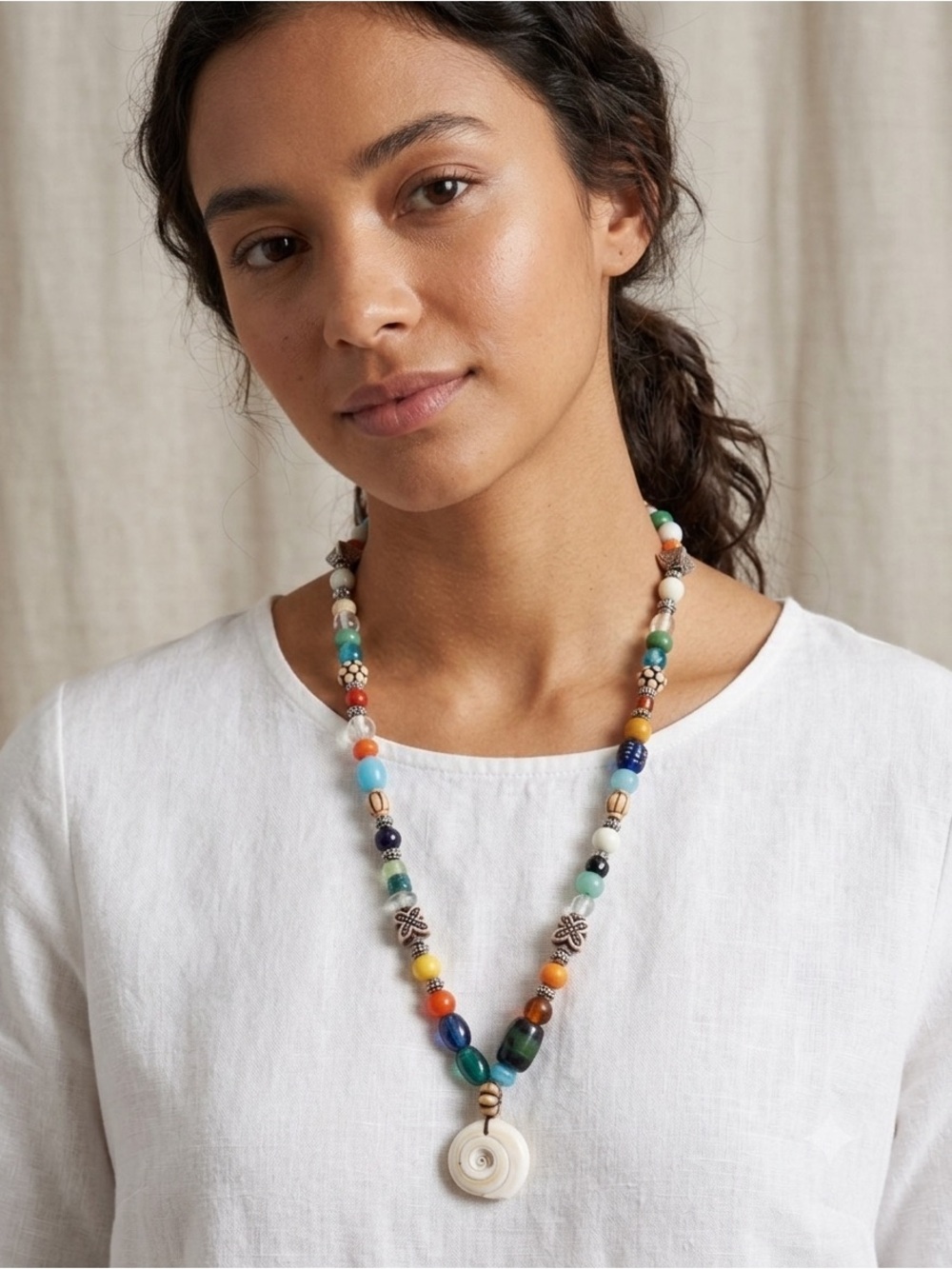 Vintage Handmade Multicolor Beaded Necklace with White Shell Pendant